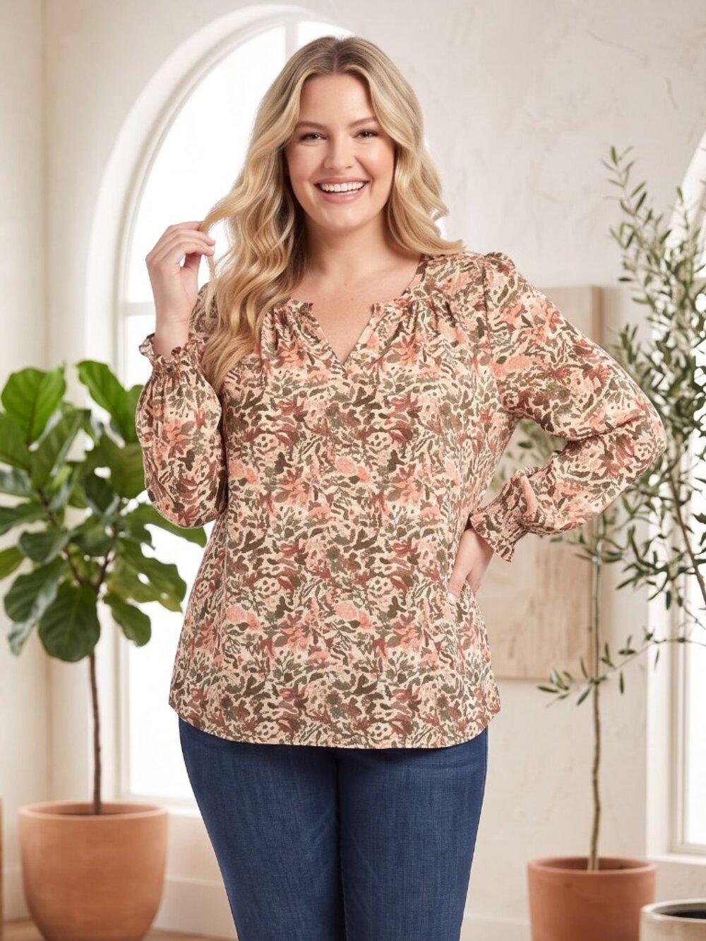 Jessica Simpson Boho Floral Split Neck Peasant Blouse Smocked Ruffle Top Large